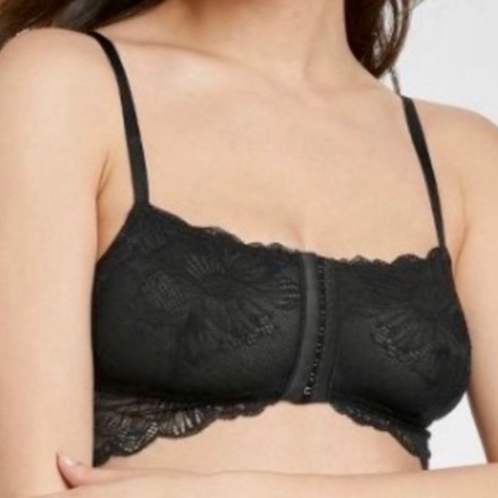 Auden Black Lace Bandeau Unlined Bralette Row of Hook Eye Closures Down Front XL